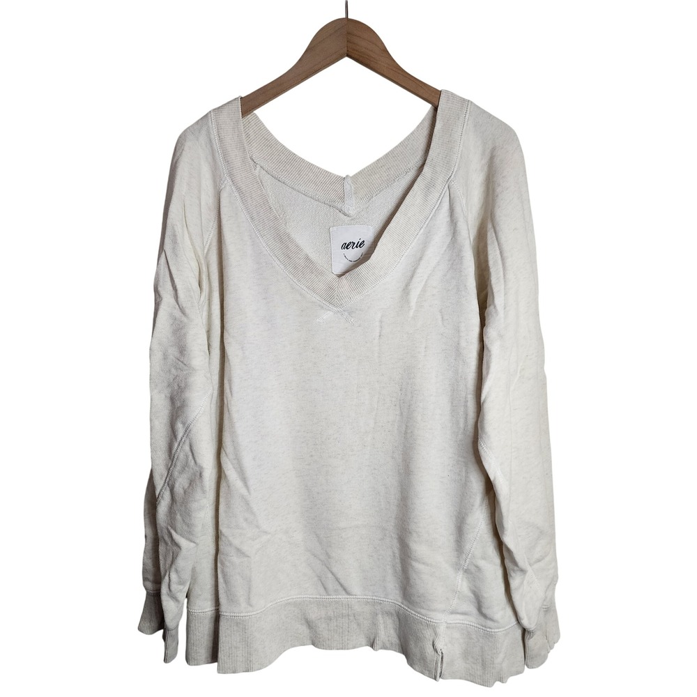 Aerie Sweatshirt Womens Medium Cream V-Neck Raglan Long Sleeve Pullover